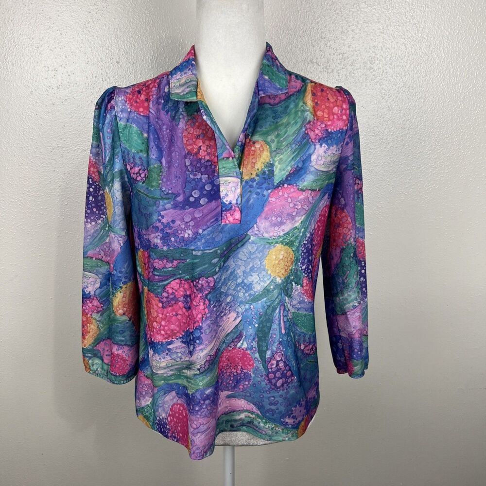 Vintage Devon 70s Blouse Women Medium Neon Purple Green 3/4 Sleeve Union Made - Picture 14 of 14